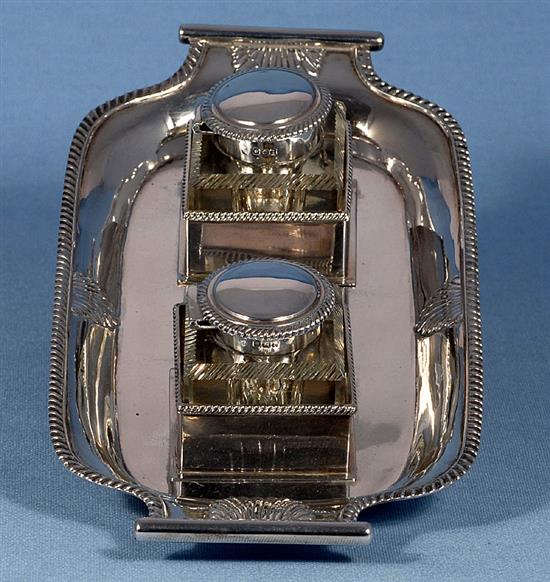 A late Victorian silver inkstand, by Martin, Hall & Co, length 262mm, weight 12.4oz/388grms.